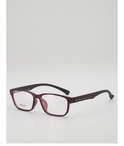 Detail of dark burgundy TR90 square glasses frames with wavy gold metallic temple accents