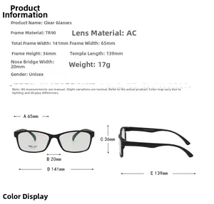 Size chart for TR90 square black frame glasses with detailed frame dimensions and specifications