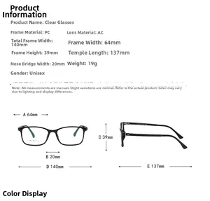 Detailed size chart for square frame glasses with full dimensions and 19g weight spec