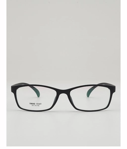 Detail of matte black TR90 square frame showing model TR90-1143 and size 54-18-142