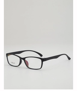 Detailed 45-degree angle view of black TR90 square eyeglass frames showing temple markings