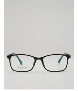 Front view of black square eyeglass frames with size parameters 3097 53-17-143 on lens