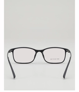 Detail view of black square glasses frame showing 303J size specs and metal hinges
