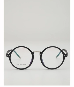 Detail view of round retro glasses frame with silver bridge and rivet accents