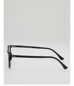 Detail of silver metal hinge and inner temple specs on black square glasses frame