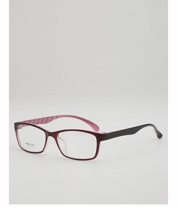 Detail of square TR90 frame with wine red front, matte black temples and pink wavy texture