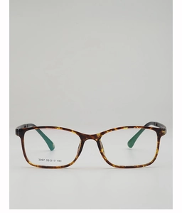 Close-up of tortoise shell square frames showing size dimensions 53-17-143 on the temple