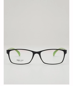 Detailed front view of TR90 black and green rectangle eyeglass frames with size marking