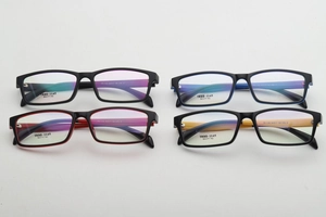 Detailed top view of four color combinations of lightweight TR90 square glasses frames