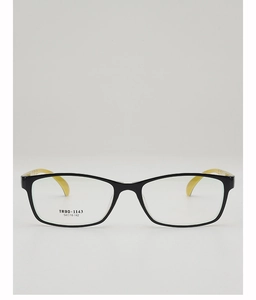 Detail view of TR90 square frame glasses with black exterior and bright yellow interior