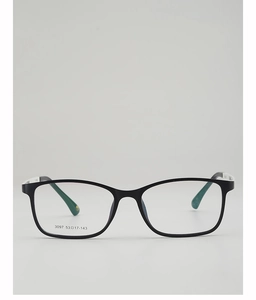Detail view of black rectangular eyeglass frames with size marking 3097 53-17-143 on the lens