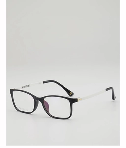 Close-up of modern two-tone square glasses frames with silver hinges and black temple tips
