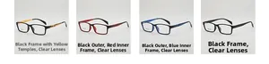 Detail of four color options of lightweight TR90 square glasses with hollowed side temples