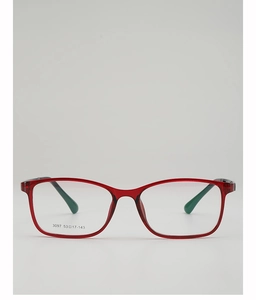 Close-up of translucent red square frame with specs 3097 53-17-143 and green temple tips