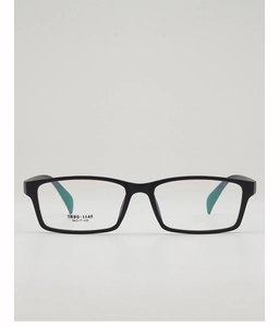 Front view of classic black TR90 square glasses frames with turquoise temple details