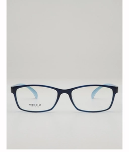 Close-up of TR90-1143 navy blue square eyeglass frame with printed size specifications