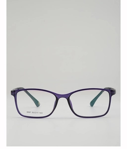 Macro detail of purple square glasses frames showing model 3097 and sizing info