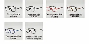 Detailed grid view of lightweight TR90 rectangle glasses frames in six assorted colors