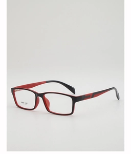 Detail view of TR90 square glasses frame in matte black and red with size 54-17-142