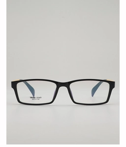 Detail view of TR90 square glasses frame with blue light blocking lenses and gold temple accents