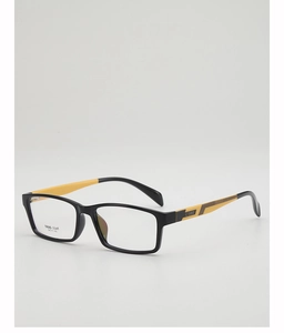 Detail view of TR90 square eyeglasses showing yellow temples and model number TR90-1145