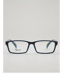 Detailed front view of TR90-1145 square black frames with blue inner accent and specs