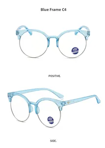 Vue détaillée des lunettes rondes bleues anti-lumière bleue en perspectives face et de profil