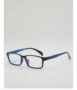Detailed close-up of TR90 square glasses frames in black and blue contrast finish