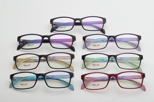 Multiple color options for TR90 square eyeglass frames showing size specs and various finishes