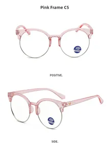 Détail de lunettes demi-cerclées roses avec verres anti-lumière bleue et métal