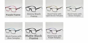 Collage of lightweight TR90 square glasses frames in various colors and bicolor styles