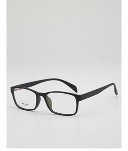 Detail shot of black TR90 square frame glasses showing size specs and matte finish