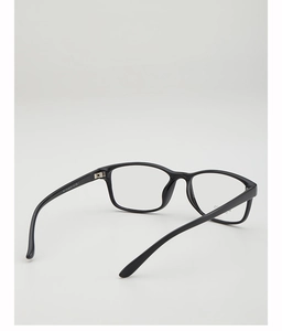 Detail view of the lightweight black frame glasses with hinge and model specs