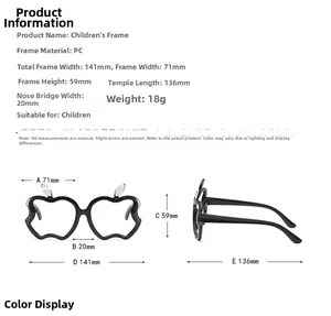 Detailed size chart for kids apple-shaped PC glasses frame with precise dimensions