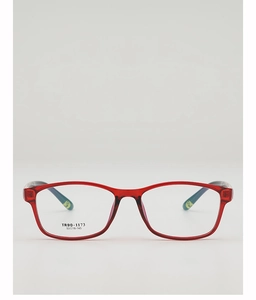 Macro detail of red TR90 glasses frame showing model TR90-1173 and size specs