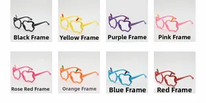 Collage of apple-shaped plastic children's eyewear frames in eight vibrant colors