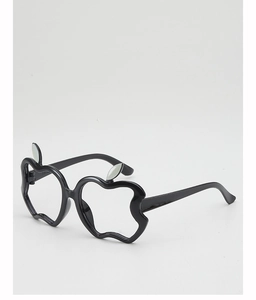 Close-up of apple-shaped black glasses frame with silver leaf metal accents on white backdrop