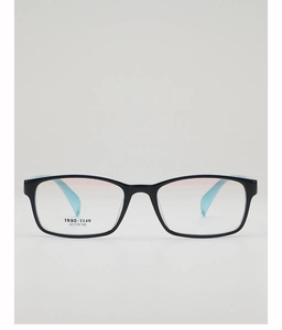 Detail of square TR90 eyewear frame showing two-tone black and light blue color design