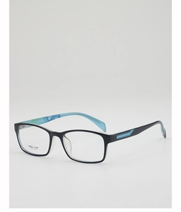Detail of TR90 square black frame with sky blue temple patterns and size specs