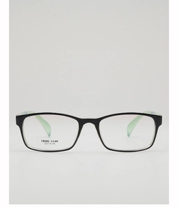 Close-up of TR90 square frame glasses with size specs and green inner temple detail