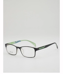 Side view of square TR90 eyeglass frame with green temples and blue interior patterns
