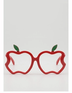 Close-up of red apple-shaped glasses frame with green leaf detail for kids' fashion