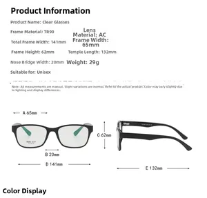 Tableau des tailles détaillé pour lunettes TR90 carrées avec dimensions et poids