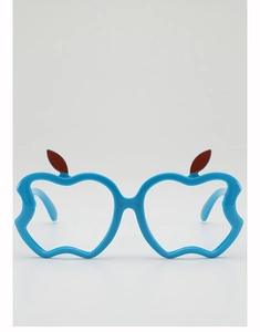 Macro detail of apple-shaped light blue children glasses frame with red leaf accents