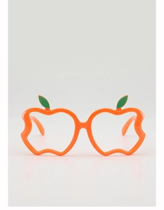 Close-up of apple-shaped orange glasses frame with green leaf detail for kids