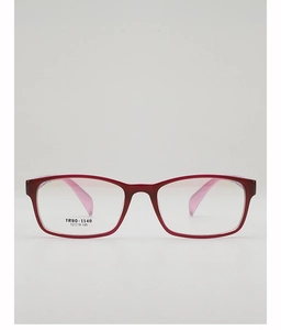 Macro detail of red TR90 rectangular glasses frames showing model number and hinges