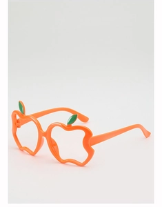 Macro detail of kids apple-shaped orange eyewear frames with green leaf decoration