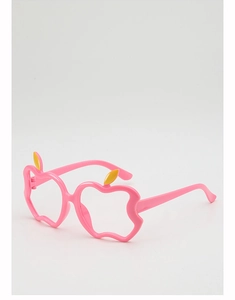 Detailed view of pink apple-shaped kids' glasses frame with cute yellow leaf accent