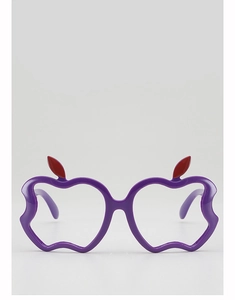 Close-up of trendy purple apple-shaped children's party eyewear with red leaf accents
