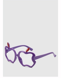 Detail view of purple apple-shaped decorative glasses frame with red leaf accents